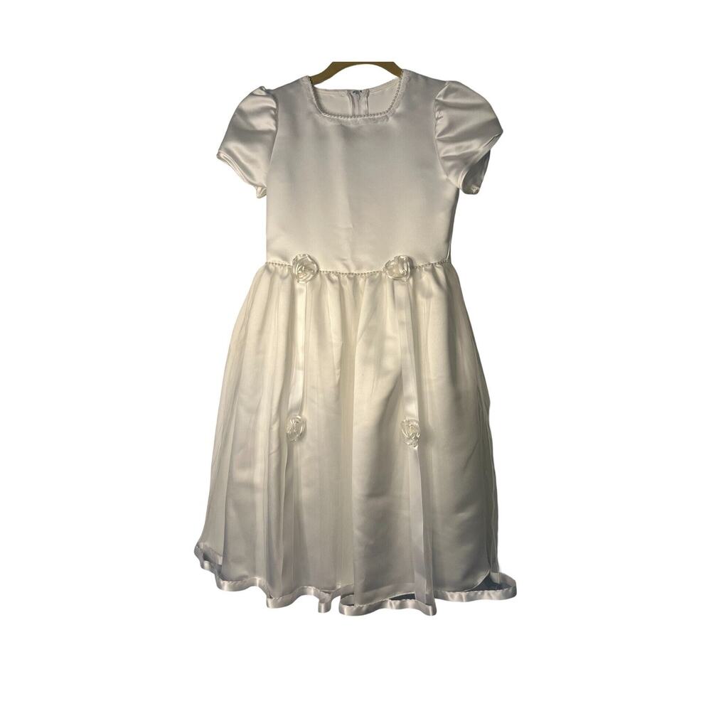 First Communion Dress Girls Size M White Taffeta Satin Trim Rosebuds Handmade